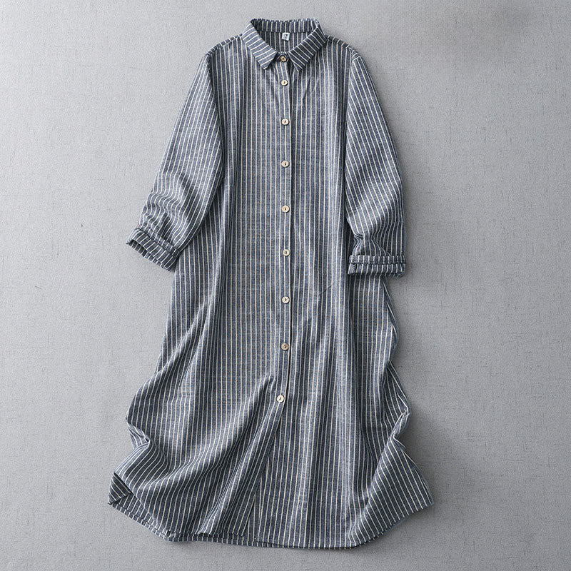 Cotton Linen Striped Long Sleeve Grounding Midi Dress