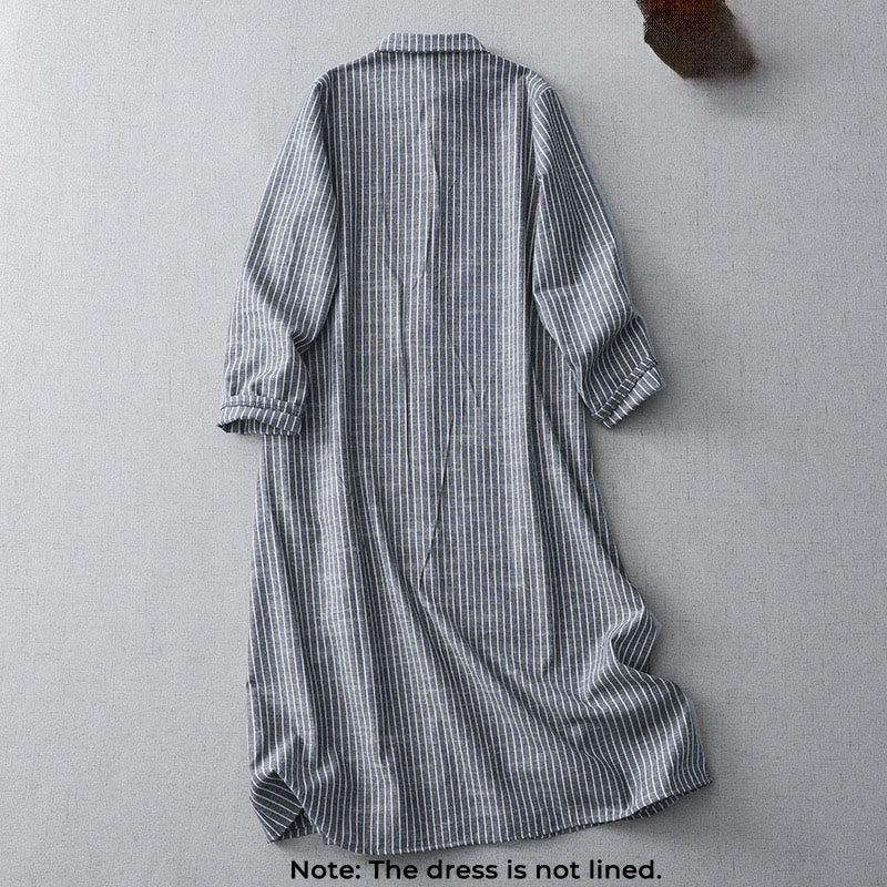 Cotton Linen Striped Long Sleeve Grounding Midi Dress