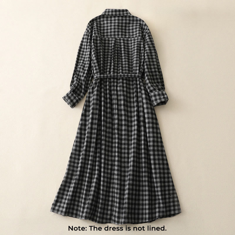 Cotton Linen Plaid Lace-Up Grounding Midi Dress