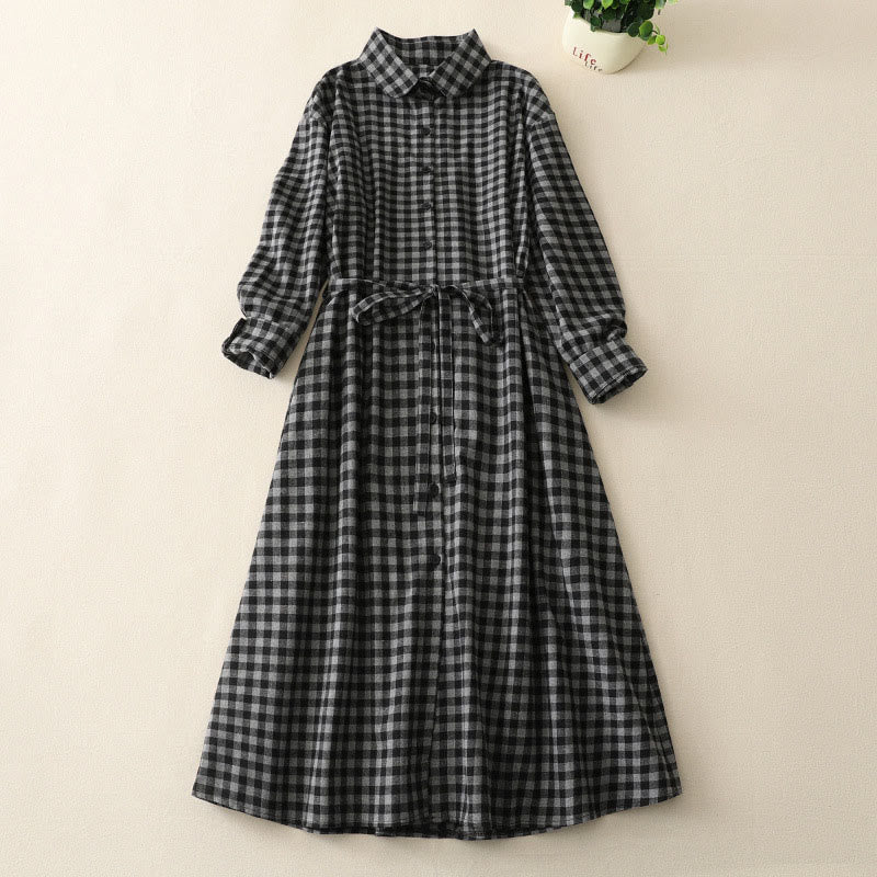 Cotton Linen Plaid Lace-Up Grounding Midi Dress