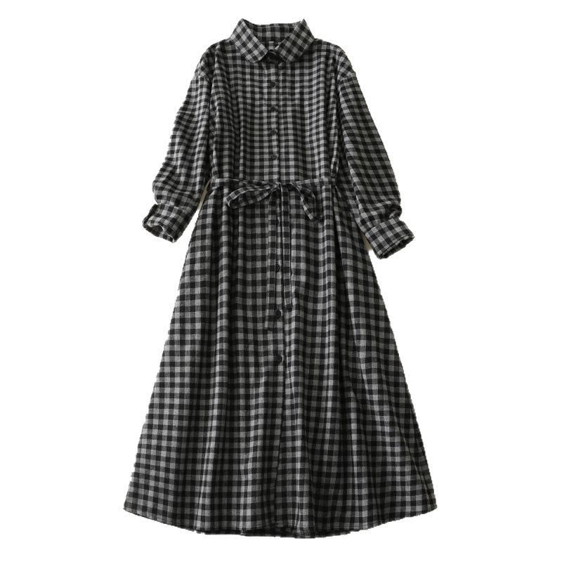Cotton Linen Plaid Lace-Up Grounding Midi Dress