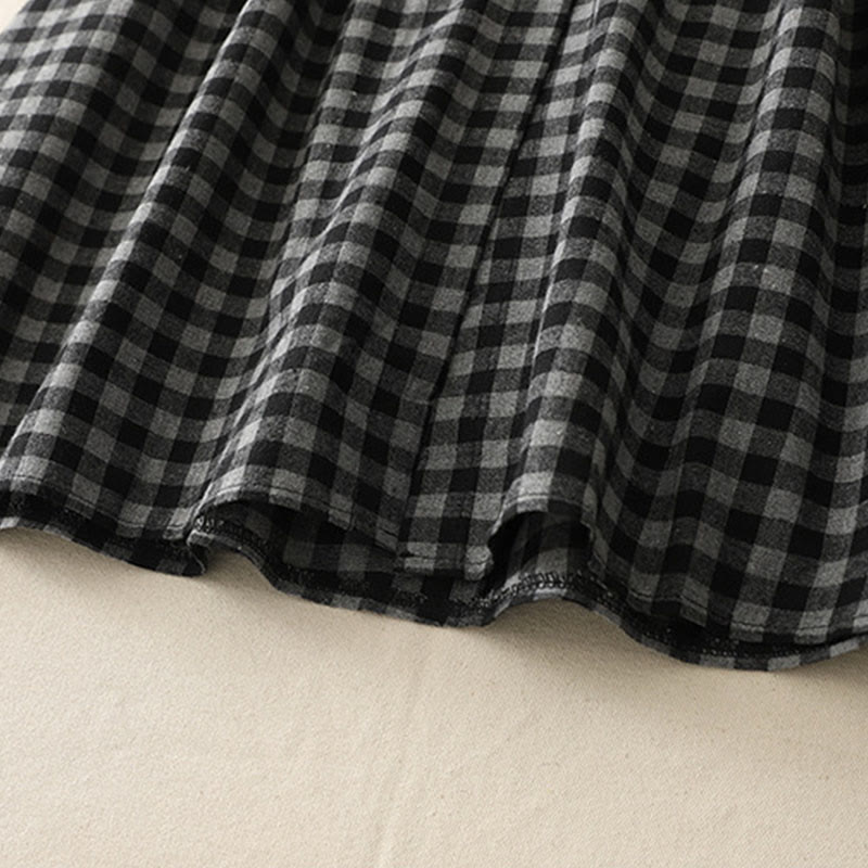 Cotton Linen Plaid Lace-Up Grounding Midi Dress