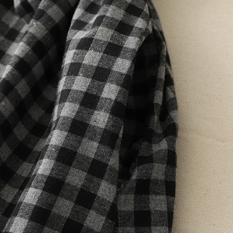 Cotton Linen Plaid Lace-Up Grounding Midi Dress