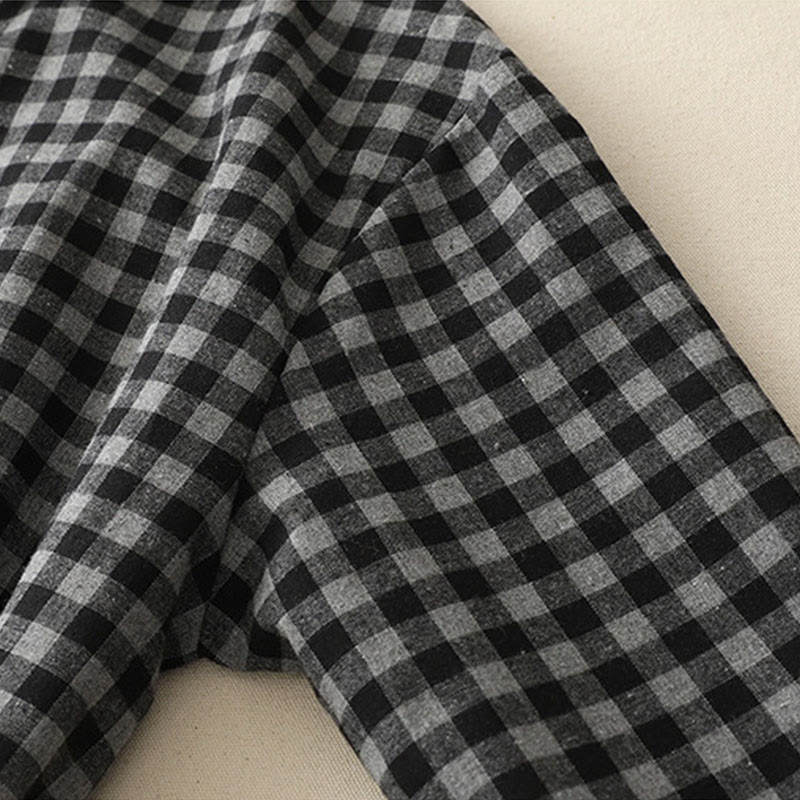 Cotton Linen Plaid Lace-Up Grounding Midi Dress