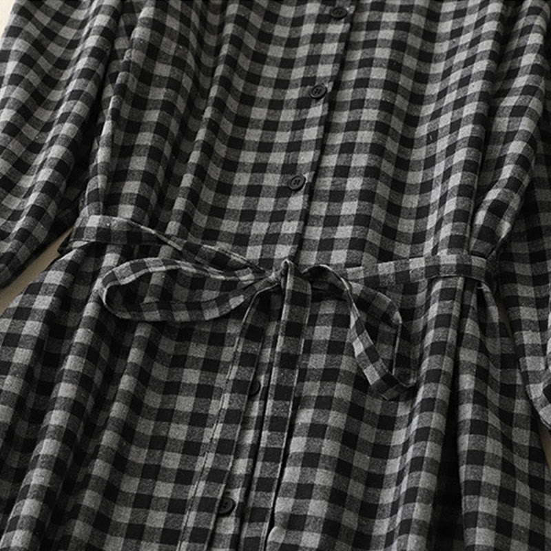 Cotton Linen Plaid Lace-Up Grounding Midi Dress