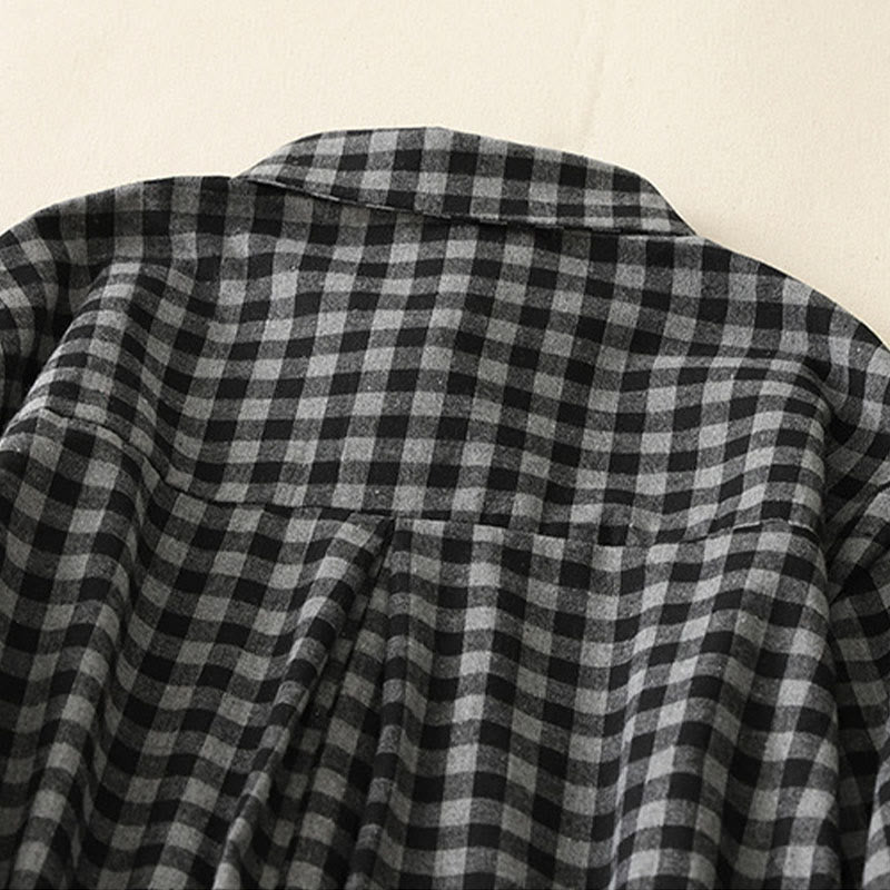 Cotton Linen Plaid Lace-Up Grounding Midi Dress