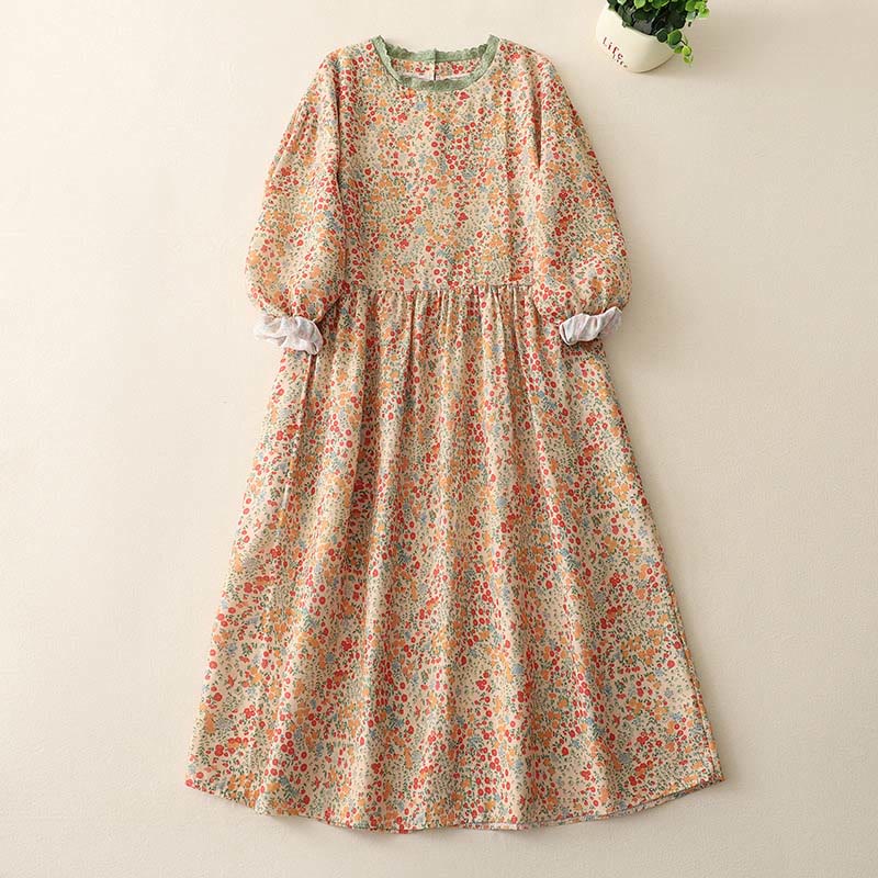 Casual Floral Lace Crew Neck Balloon Long Sleeve Cotton Linen Midi Dress With Pockets