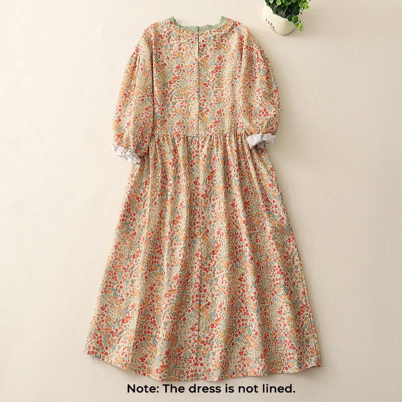 Casual Floral Lace Crew Neck Balloon Long Sleeve Cotton Linen Midi Dress With Pockets