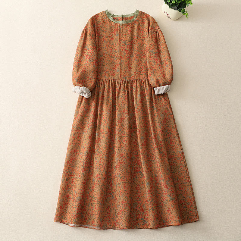 Casual Floral Lace Crew Neck Balloon Long Sleeve Cotton Linen Midi Dress With Pockets