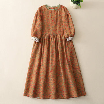 Casual Floral Lace Crew Neck Balloon Long Sleeve Cotton Linen Midi Dress With Pockets