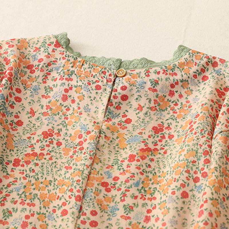 Casual Floral Lace Crew Neck Balloon Long Sleeve Cotton Linen Midi Dress With Pockets