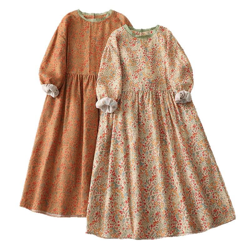 Casual Floral Lace Crew Neck Balloon Long Sleeve Cotton Linen Midi Dress With Pockets