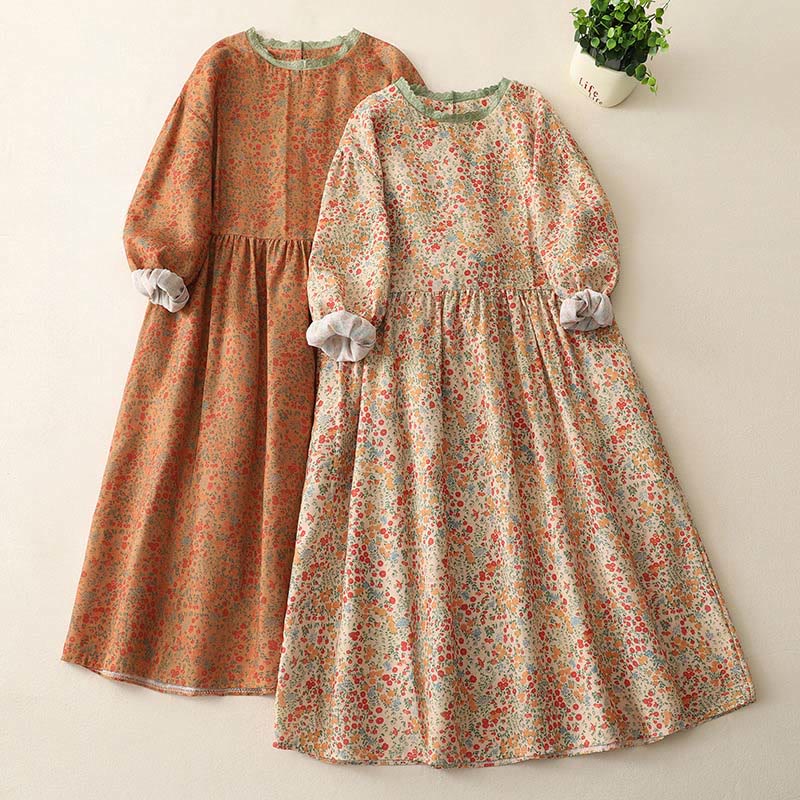 Casual Floral Lace Crew Neck Balloon Long Sleeve Cotton Linen Midi Dress With Pockets