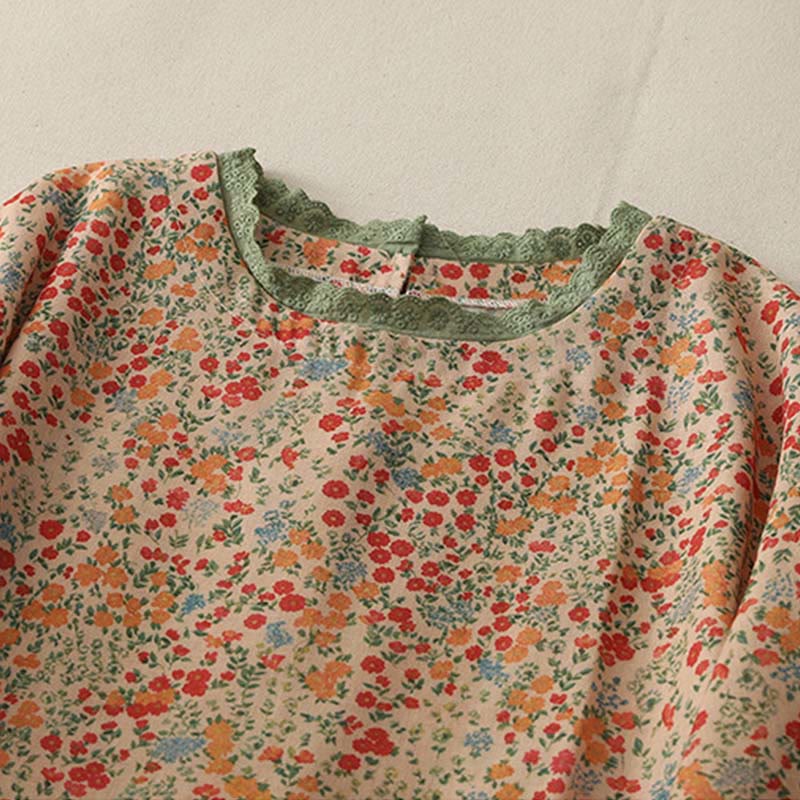 Casual Floral Lace Crew Neck Balloon Long Sleeve Cotton Linen Midi Dress With Pockets