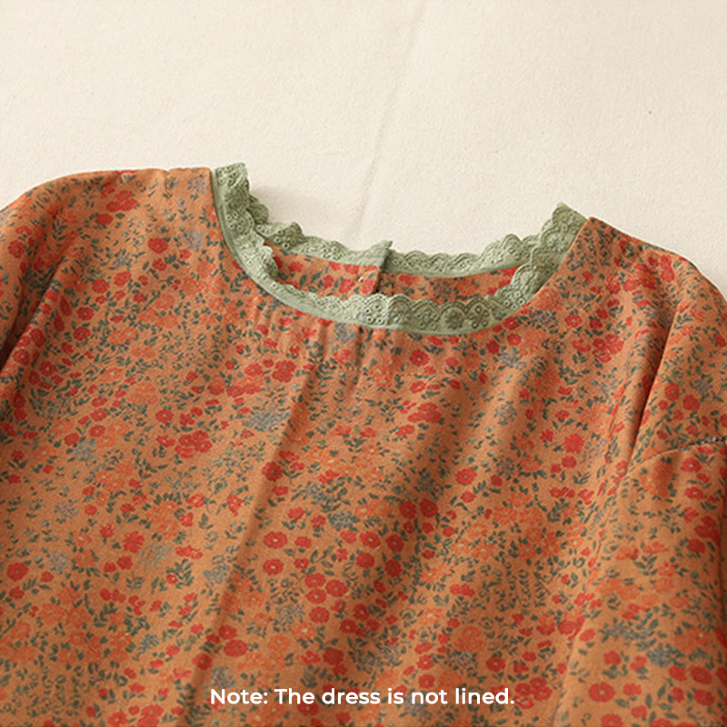 Casual Floral Lace Crew Neck Balloon Long Sleeve Cotton Linen Midi Dress With Pockets