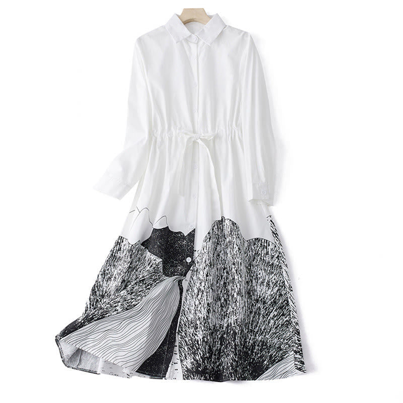 Breathable Cotton Printed Lapel Daily Grounding Midi Dress