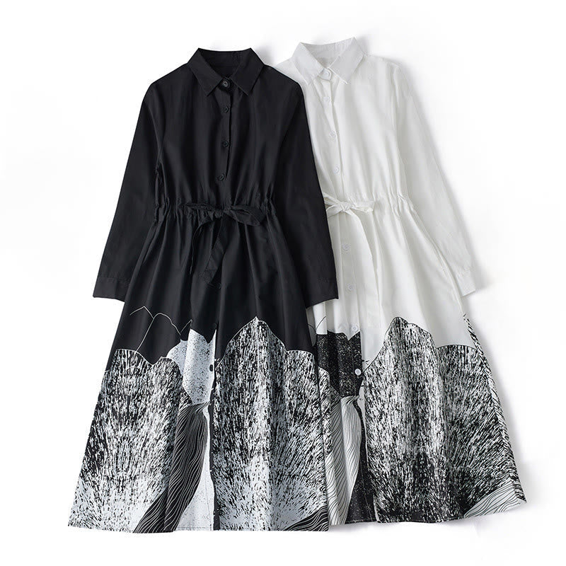 Breathable Cotton Printed Lapel Daily Grounding Midi Dress