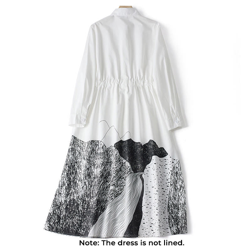 Breathable Cotton Printed Lapel Daily Grounding Midi Dress