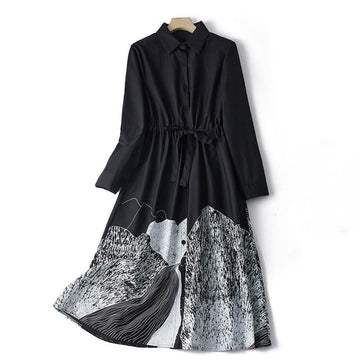 Breathable Cotton Printed Lapel Daily Grounding Midi Dress