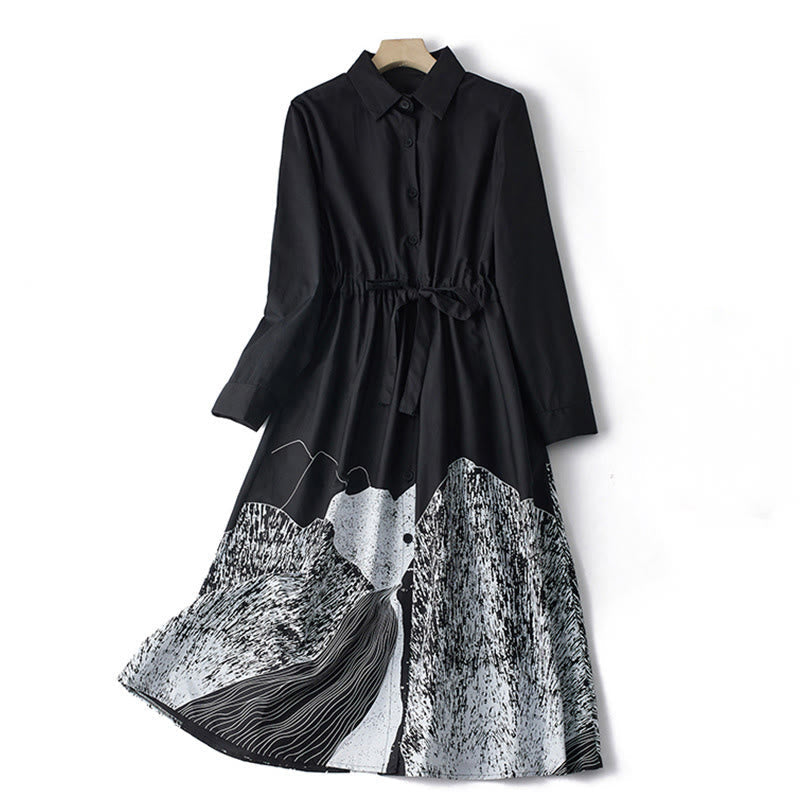 Breathable Cotton Printed Lapel Daily Grounding Midi Dress