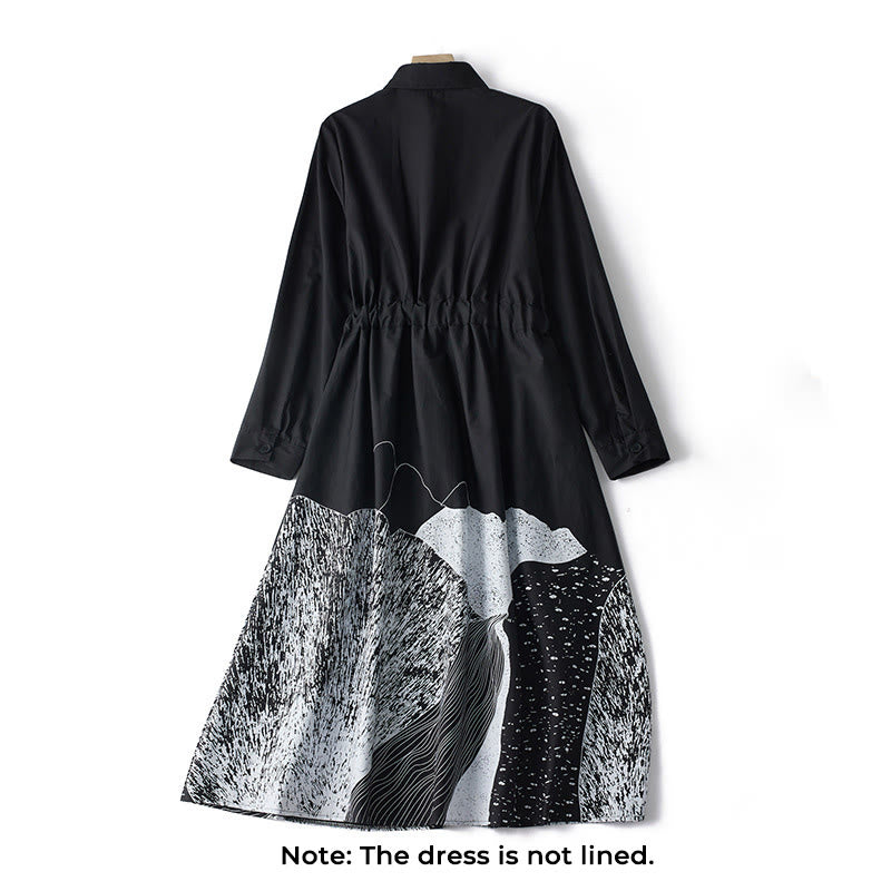 Breathable Cotton Printed Lapel Daily Grounding Midi Dress