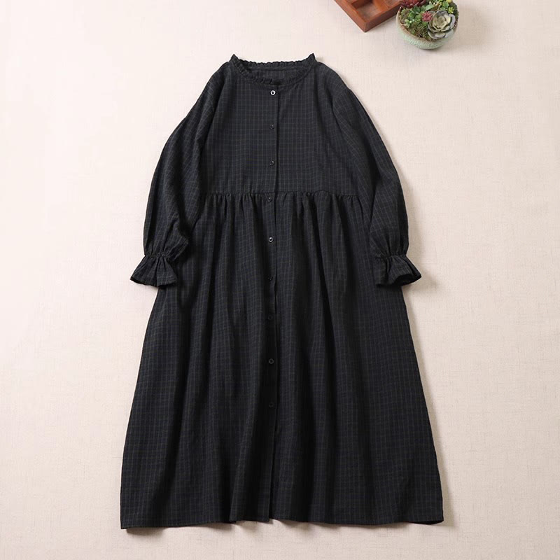 Cotton Linen Plaid Grounding Long Sleeve Midi Dress