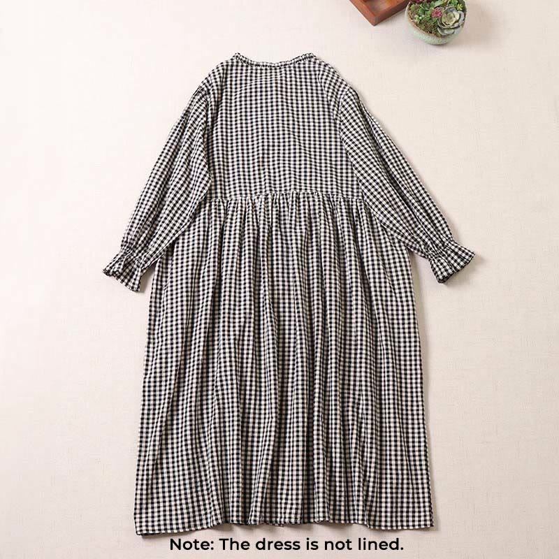 Cotton Linen Plaid Grounding Long Sleeve Midi Dress