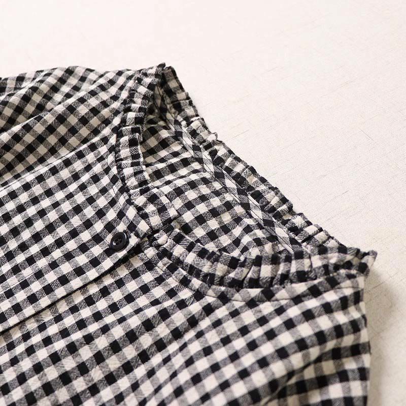 Cotton Linen Plaid Grounding Long Sleeve Midi Dress