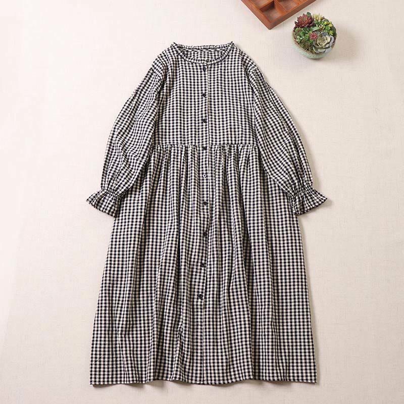 Cotton Linen Plaid Grounding Long Sleeve Midi Dress