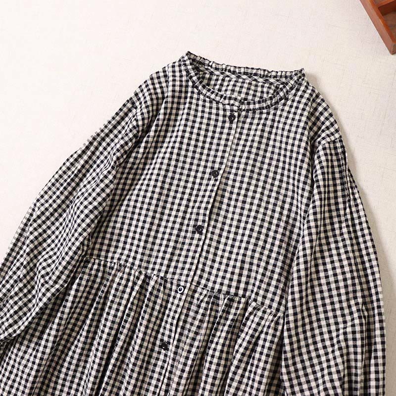 Cotton Linen Plaid Grounding Long Sleeve Midi Dress