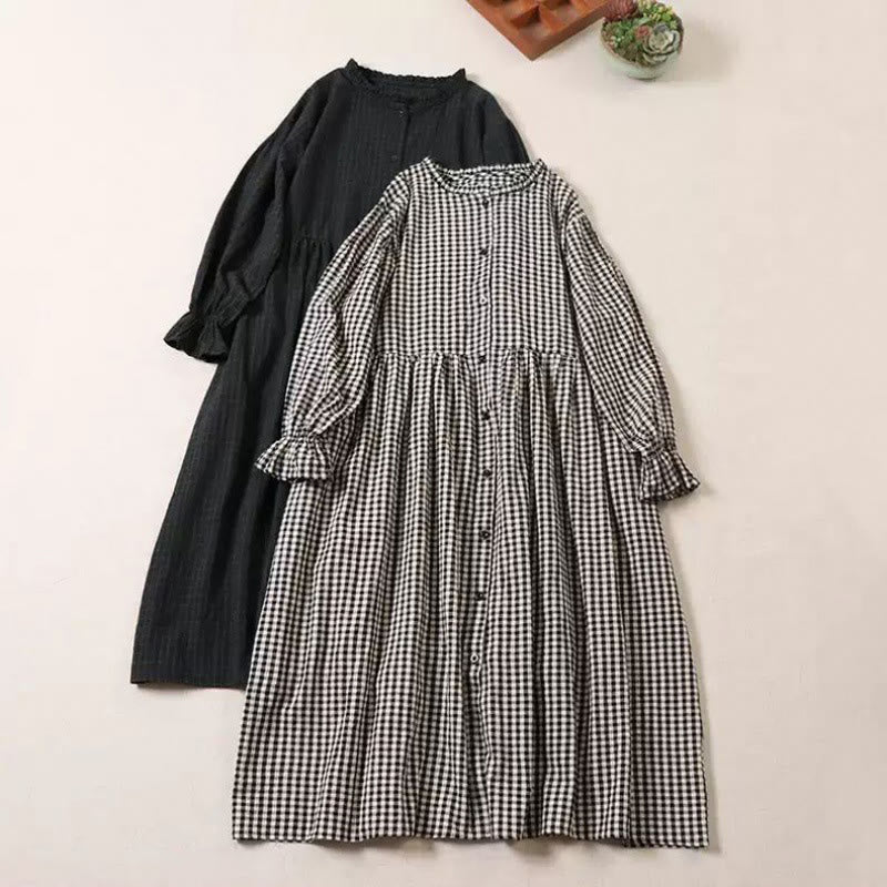 Cotton Linen Plaid Grounding Long Sleeve Midi Dress
