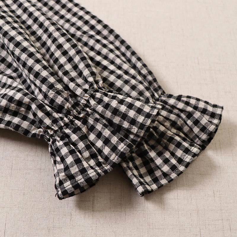 Cotton Linen Plaid Grounding Long Sleeve Midi Dress