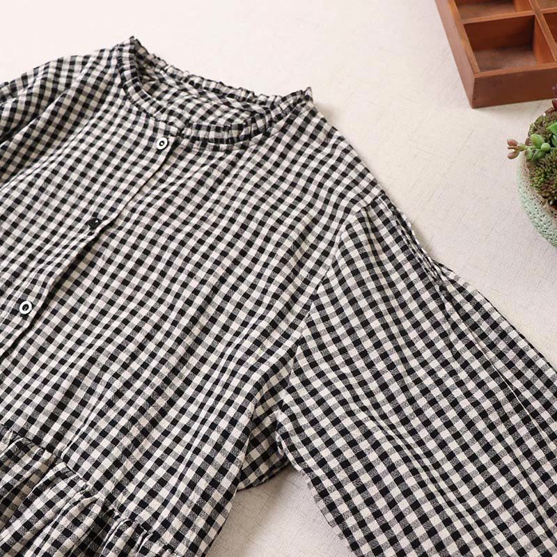 Cotton Linen Plaid Grounding Long Sleeve Midi Dress