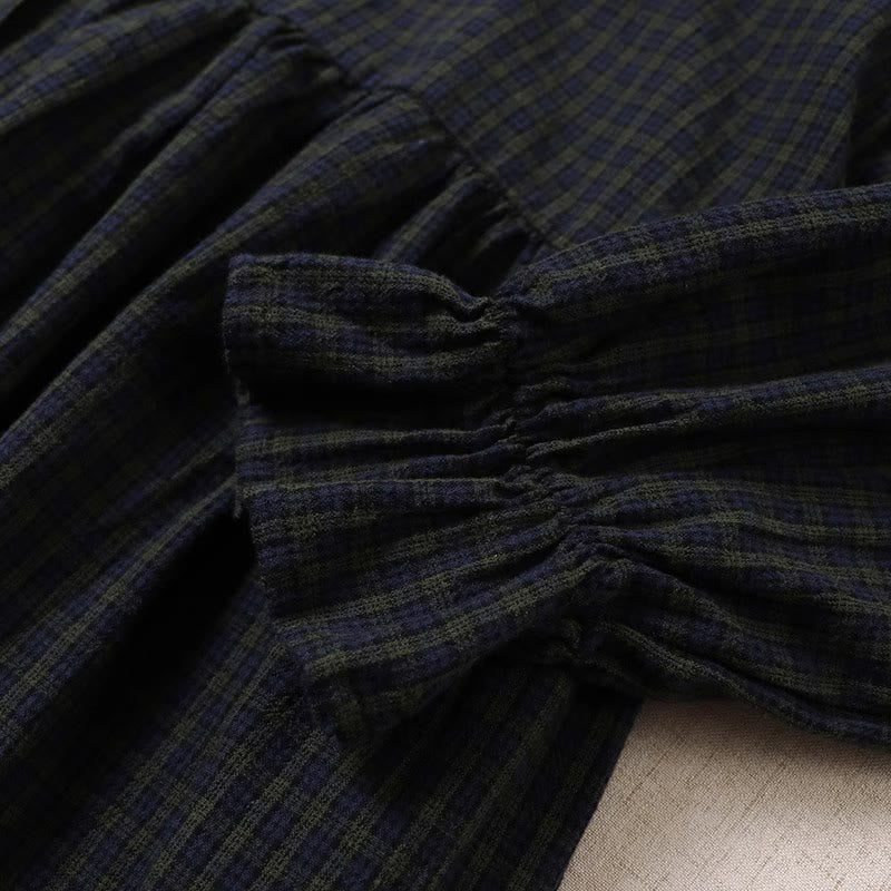 Cotton Linen Plaid Grounding Long Sleeve Midi Dress