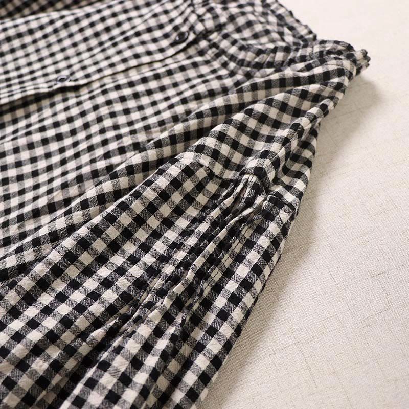 Cotton Linen Plaid Grounding Long Sleeve Midi Dress