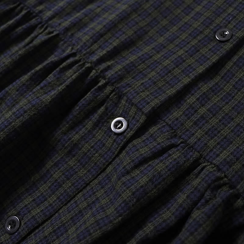 Cotton Linen Plaid Grounding Long Sleeve Midi Dress