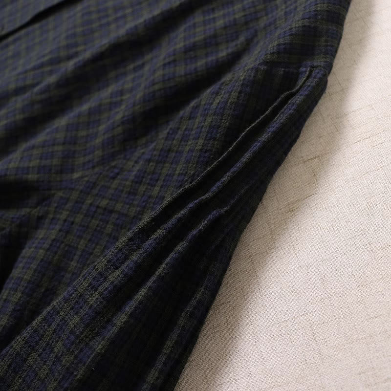 Cotton Linen Plaid Grounding Long Sleeve Midi Dress