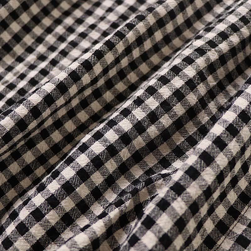 Cotton Linen Plaid Grounding Long Sleeve Midi Dress