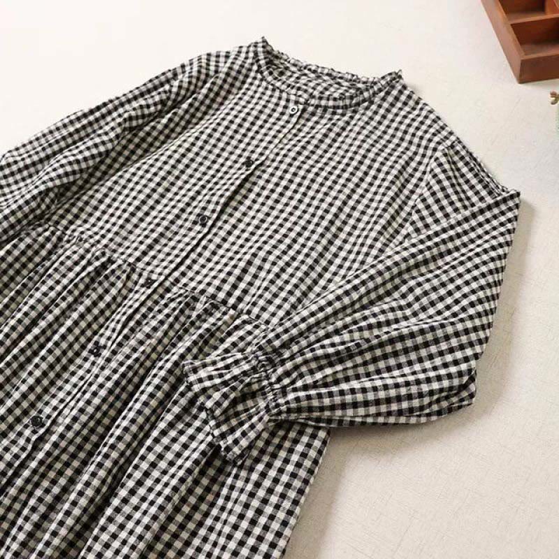 Cotton Linen Plaid Grounding Long Sleeve Midi Dress