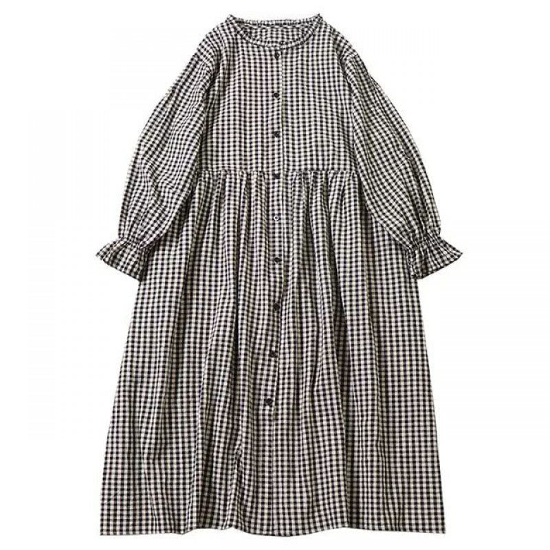 Cotton Linen Plaid Grounding Long Sleeve Midi Dress
