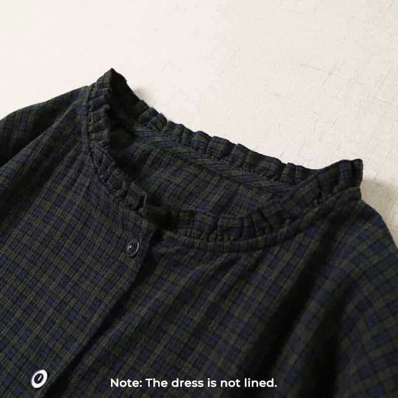 Cotton Linen Plaid Grounding Long Sleeve Midi Dress