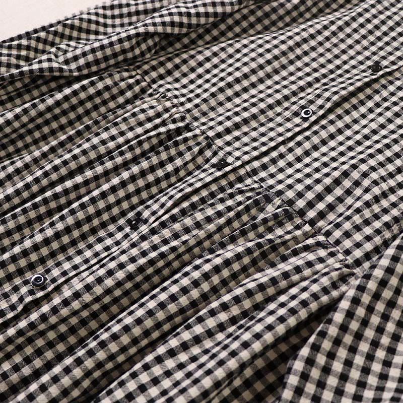 Cotton Linen Plaid Grounding Long Sleeve Midi Dress
