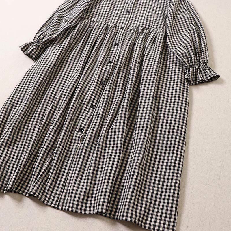 Cotton Linen Plaid Grounding Long Sleeve Midi Dress