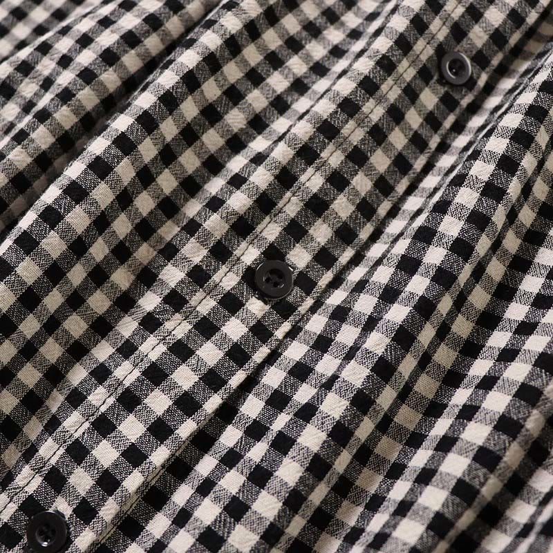 Cotton Linen Plaid Grounding Long Sleeve Midi Dress