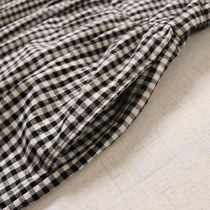 Cotton Linen Plaid Grounding Long Sleeve Midi Dress