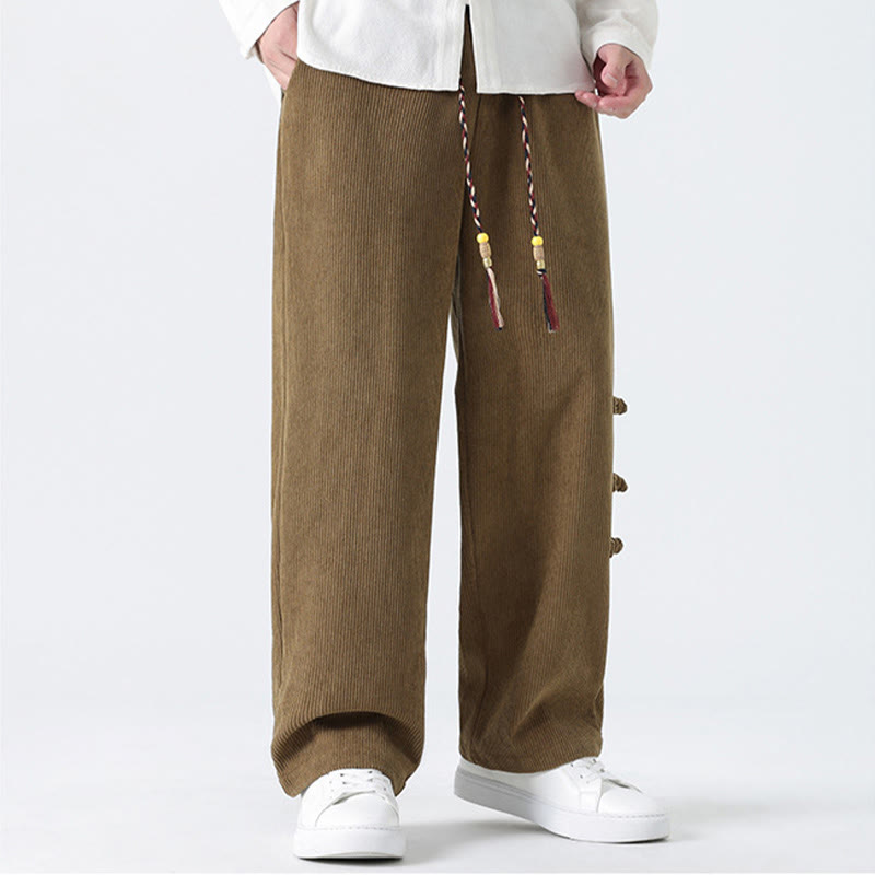 Plain Chinese Frog-Button Design Drawstring Men's Corduroy Pants With Pockets