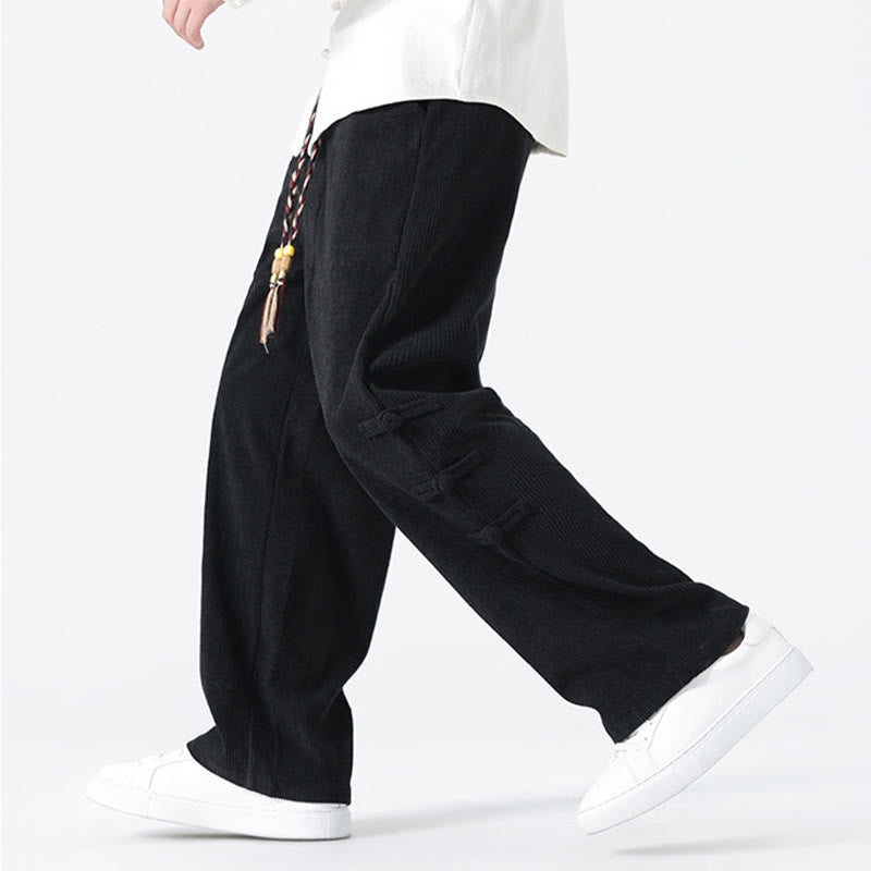 Plain Chinese Frog-Button Design Drawstring Men's Corduroy Pants With Pockets