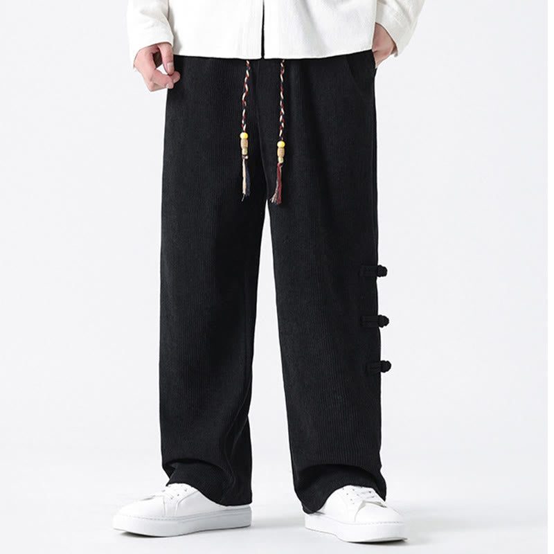 Plain Chinese Frog-Button Design Drawstring Men's Corduroy Pants With Pockets