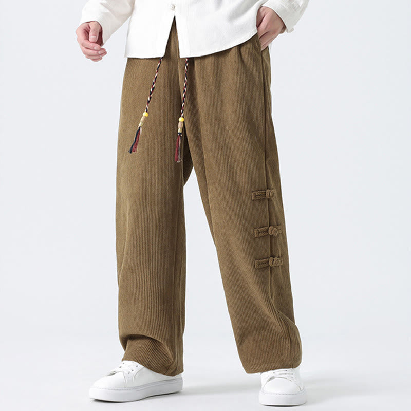 Plain Chinese Frog-Button Design Drawstring Men's Corduroy Pants With Pockets