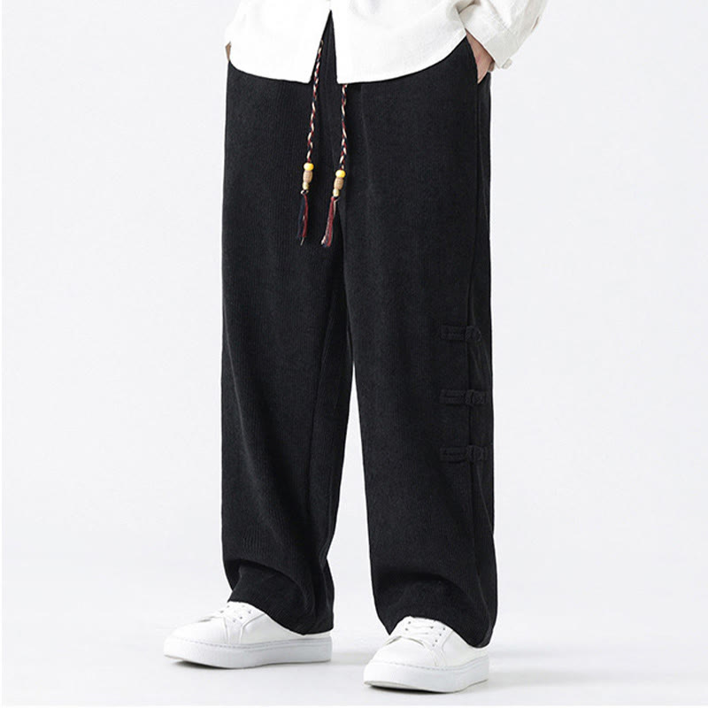 Plain Chinese Frog-Button Design Drawstring Men's Corduroy Pants With Pockets